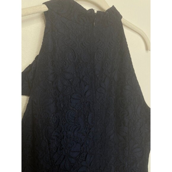 Vince Camuto Sz 14 Tie-Neck Lace Sheath Dress Navy Blue Sleeveless Zip Cocktail - Picture 14 of 16